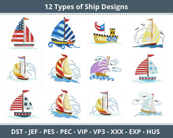 Ship Machine Embroidery Designs-12 Types-1 Size-instant download