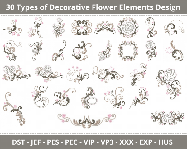 Decorative Flower Elements Machine Embroidery Design