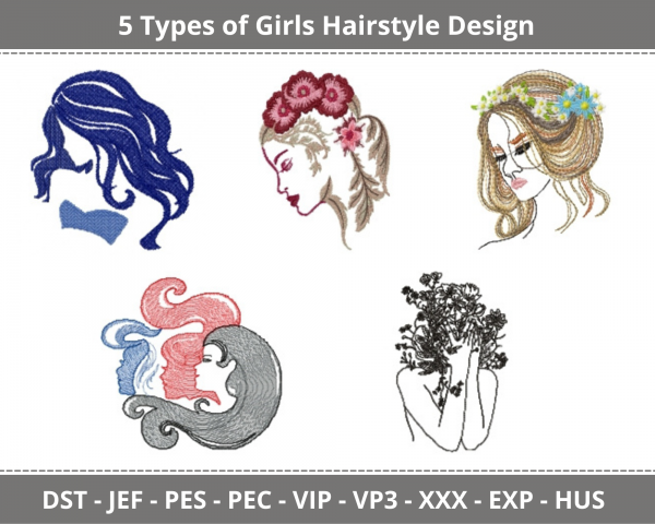 Girls Hairstyle Machine Embroidery Designs-5 Types-1 Size-instant download