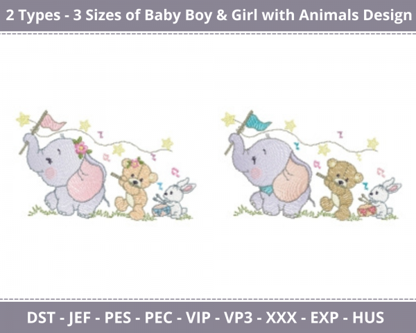 Baby Boy & Girl With Animals Machine Embroidery Designs