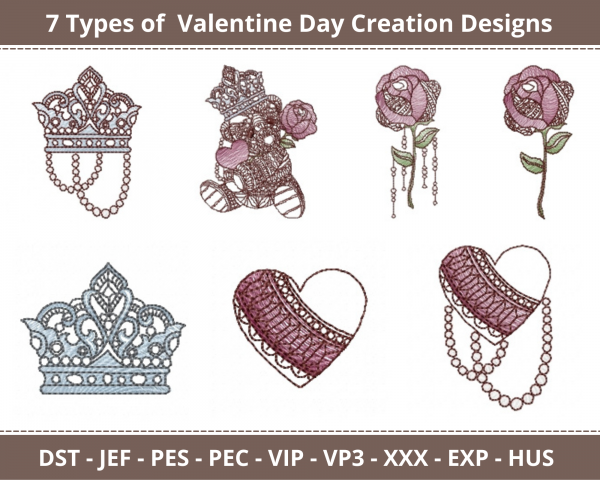 Valentine Day Creations Machine Embroidery Designs-7 Types-1 Size-instant download