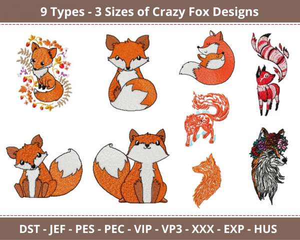 Crazy Fox Machine Embroidery Designs-9 Types-3 Sizes-instant download