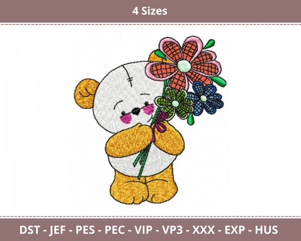 Teddy Bear With Flowers Machine Embroidery Designs