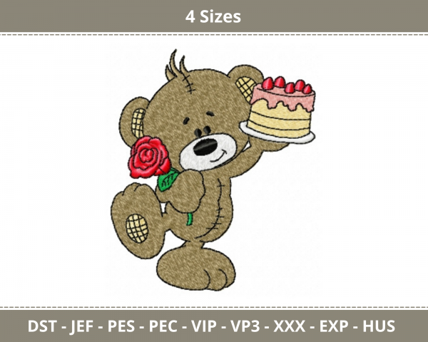 Teddy Bear with Cake Machine Embroidery Designs