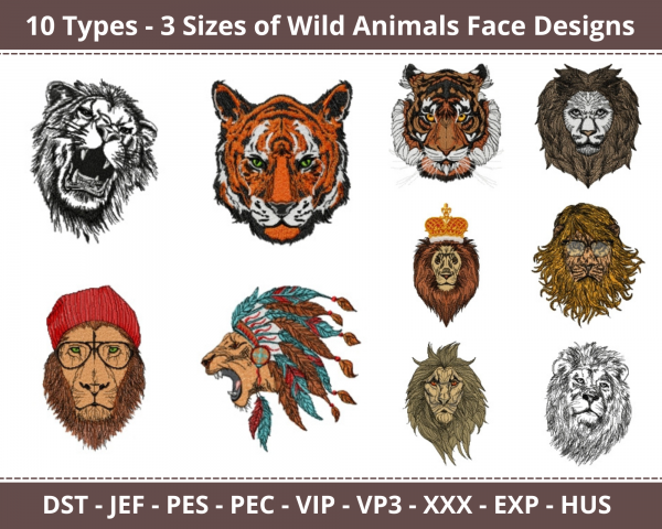 Wild Animals Face Machine Embroidery Designs-10 Types-3 Sizes-instant download