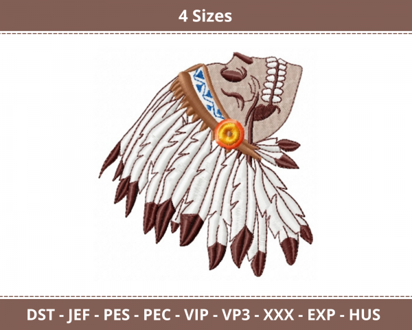 Skull with Feather Machine Embroidery Designs-4 Sizes-instant download