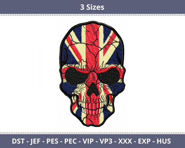Skull With UK Flag Patch Machine Embroidery Designs-3 Sizes-instant download