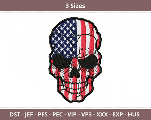 Skull With USA Flag Patch Machine Embroidery Designs-3 Sizes-instant download