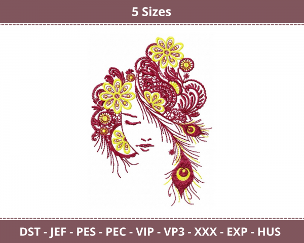 Girl With Floral Hairstyle Machine Embroidery Designs-5 Sizes-instant download
