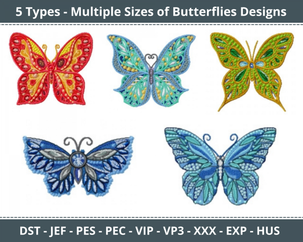 Butterflies Machine Embroidery Designs-5 Types-Multiple Sizes-instant download