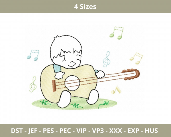 Little Boy Playing Guitar Machine Embroidery Designs-4 Sizes-instant download
