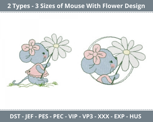 Mouse with Flower Machine Embroidery Designs-2 Types-3 Sizes-instant download