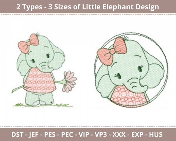 Little Elephant Machine Embroidery Designs-2 Types-3 Sizes-instant download