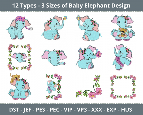 Baby Elephants Machine Embroidery Designs-12 Types-3 Sizes-instant download