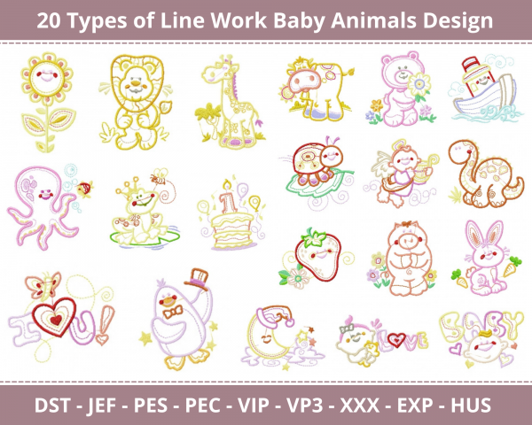 Line Work Baby Animals Machine Embroidery Design	