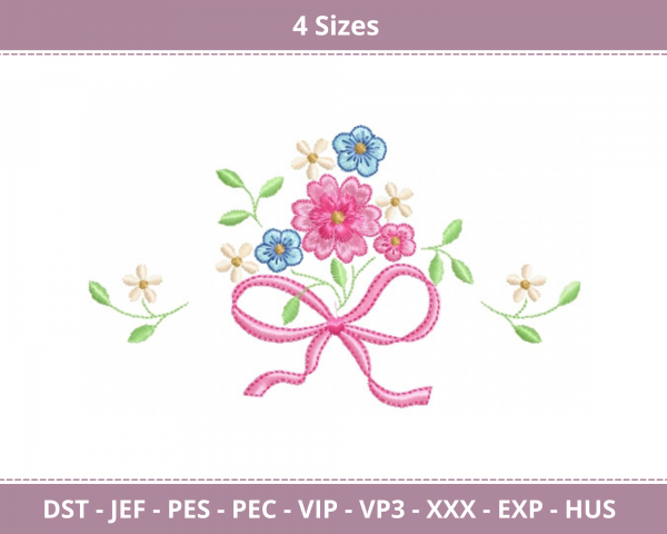 Flowers With Bow Machine Embroidery Designs-4 Sizes-instant download