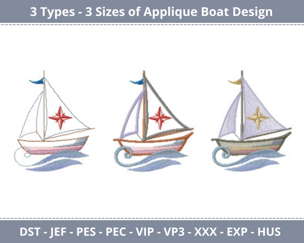 Applique Boat Machine Embroidery Designs-3 Types-3 Sizes-instant download