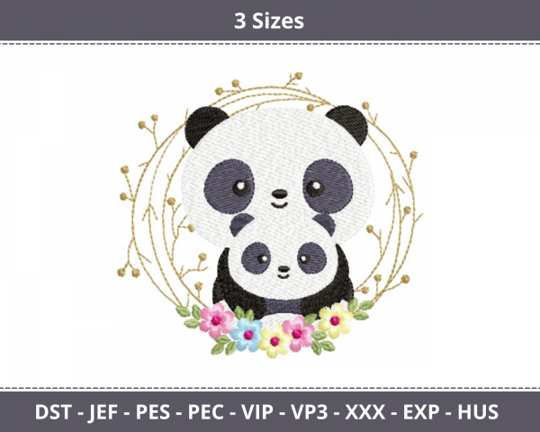 Panda Cartoon With Floral Frame Machine Embroidery Designs-3 Sizes-instant download
