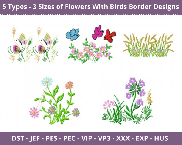 Flowers With Birds Border Machine Embroidery Designs-5 Types-3 Sizes-instant download