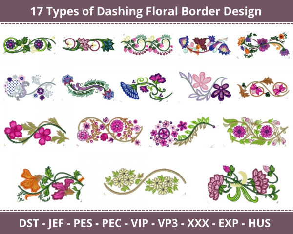 Dashing Floral Border Machine Embroidery Designs-17 Types-1 Size-instant download