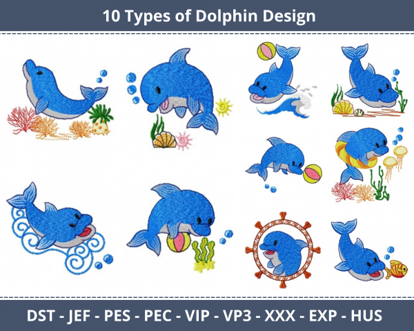Dolphin Machine Embroidery Designs-10 Types-1 Size-instant download