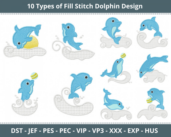 Fill Stitch Dolphin Machine Embroidery Designs-10 Types-1 Size-instant download