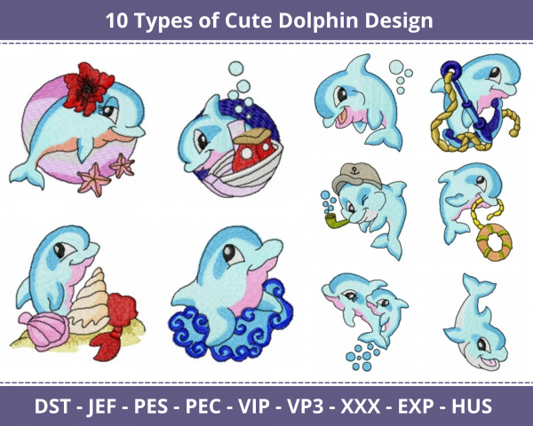 Cute Dolphin Machine Embroidery Designs-10 Types-1 Size-instant download