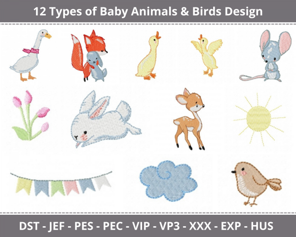 Baby Animals & Birds Machine Embroidery Designs-12 Types-1 Size-instant download