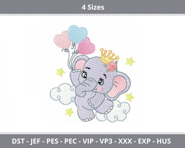 Elephant With Crown & Balloon Machine Embroidery Design	