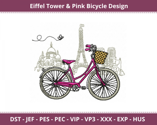 Eiffel Tower & Pink Bicycle Machine Embroidery Design