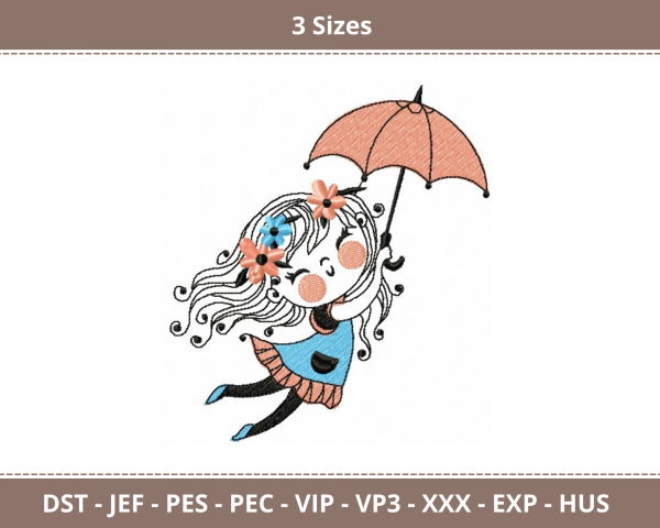 Cute Girl With Umbrella Machine Embroidery Designs-3 Sizes-instant download