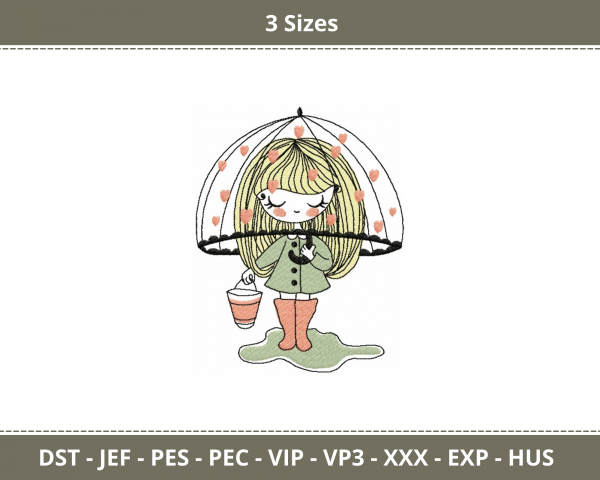 Girl In The Rain Machine Embroidery Designs-3 Sizes-instant download