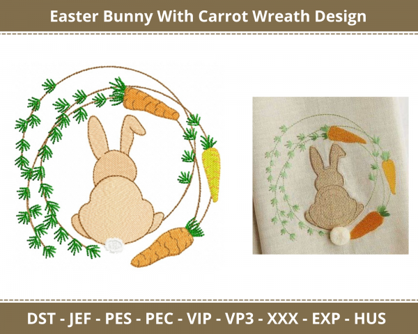 Easter Bunny With Carrot Wreath Machine Embroidery Design