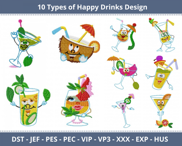 Happy Drinks Machine Embroidery Designs-10 Types-1 Size-instant download