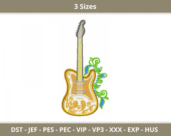 Guitar With Floral Machine Embroidery Designs-3 Sizes-instant download