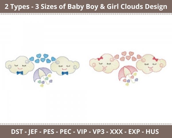 Baby Boy & Girl Clouds Machine Embroidery Design	