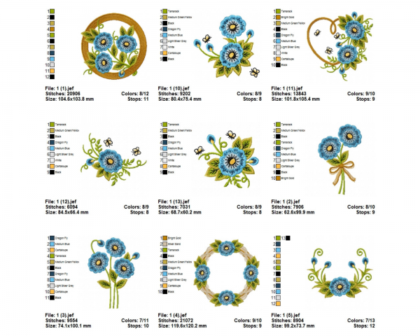 Blue Flowers Machine Embroidery Designs-13 Types-1 Size-instant download
