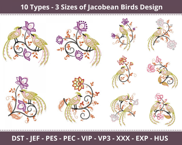 Jacobean Birds Machine Embroidery Designs-10 Types-3 Sizes-instant download