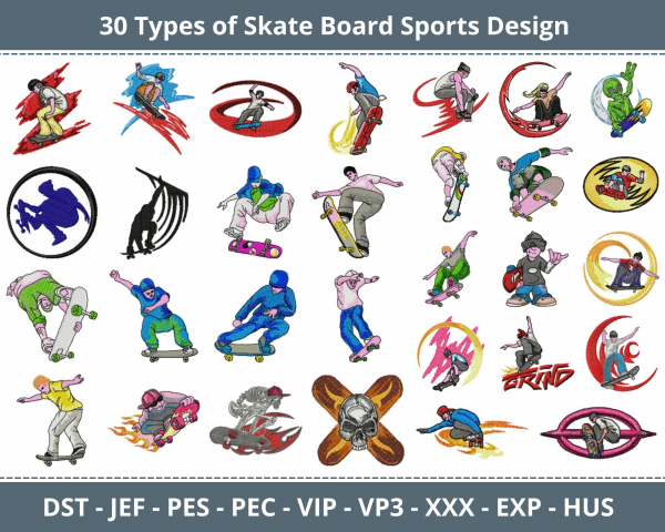 Skate Board Sports Machine Embroidery Designs-30 Types-1 Size-instant download