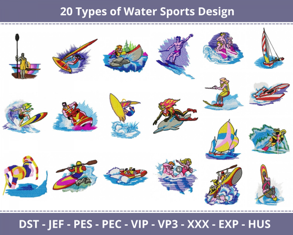 Water Sports Machine Embroidery Designs-20 Types-1 Size-instant download