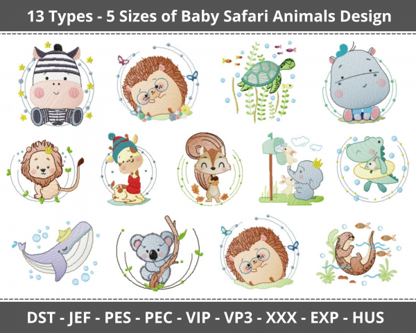 Baby Safari Animals Machine Embroidery Design