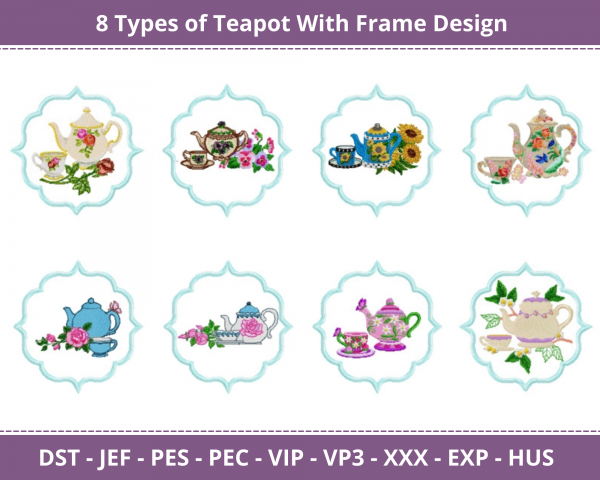 Teapot With Frame Machine Embroidery Design