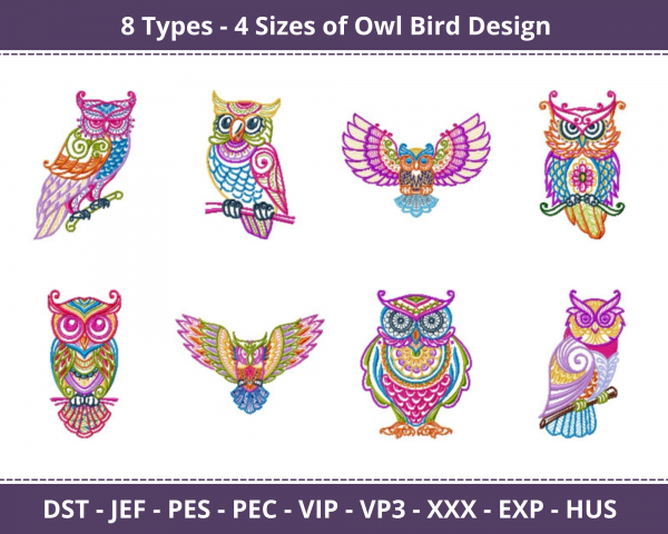 Owl Bird Machine Embroidery Designs-8 Types-4 Sizes-instant download