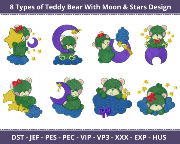 Teddy Bear With Moon & Starts Machine Embroidery Design	