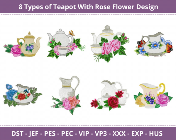 Teapot With Rose Flower Machine Embroidery Design