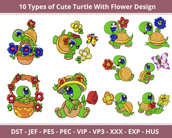 Cute Turtle With Flower Machine Embroidery Designs-10 Types-1 Size-instant download