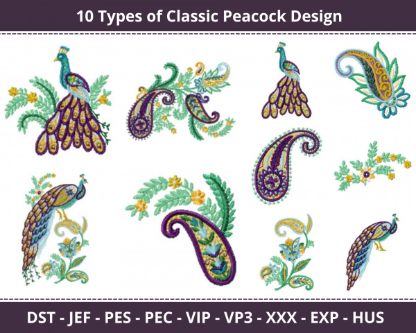 Classic Peacock Machine Embroidery Designs-10 Types-1 Size-instant download