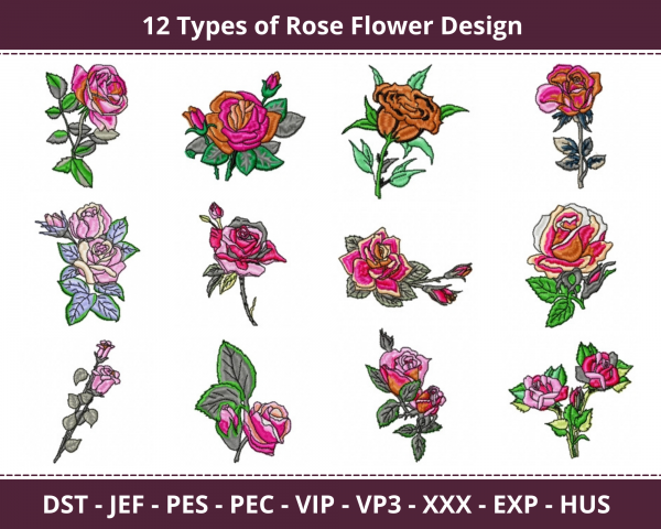 Rose Flowers Machine Embroidery Designs-12 Types-1 Size-instant download