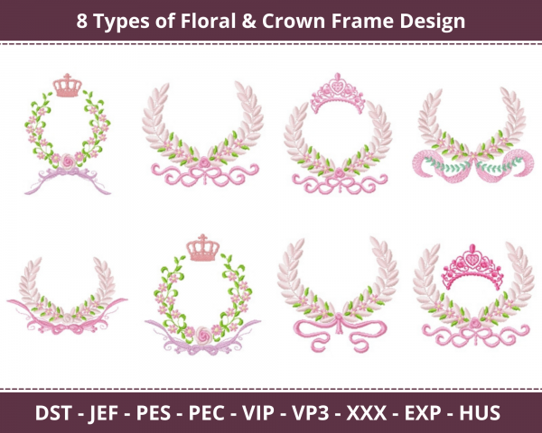 Floral & Crown Frame Machine Embroidery Design