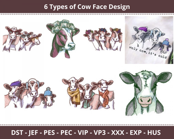 Cow Face Machine Embroidery Designs-6 Types-1 Size-instant download
